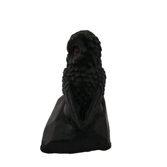 Hand Crafted From Coal Pair Of Owls Mates Statue Black With Red Rhinestone Eyes - Picture 6 of 11